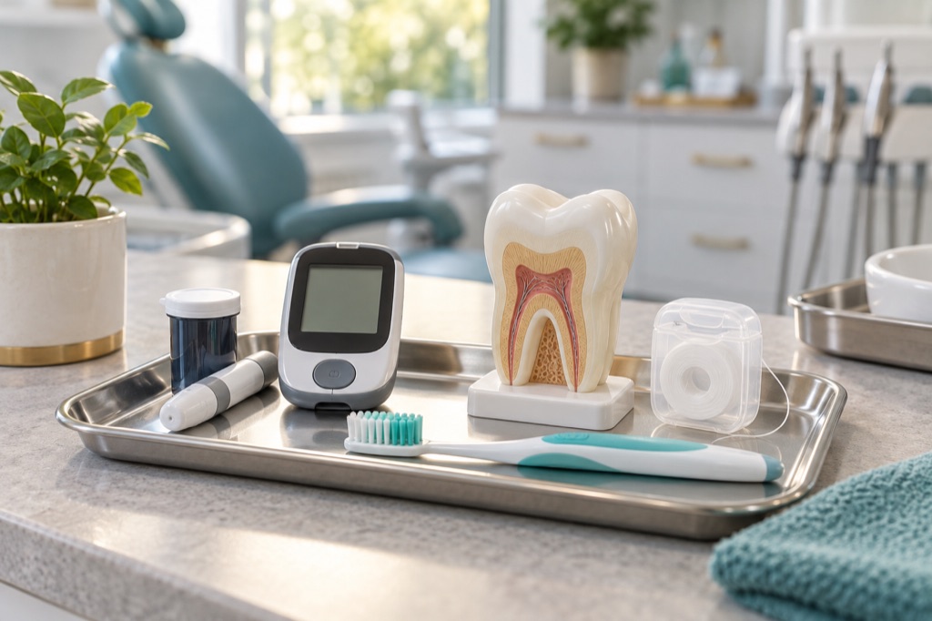 مدل آموزشی دندان در کنار ابزار سنجش قند خون برای مراقبت دهان در دیابت
